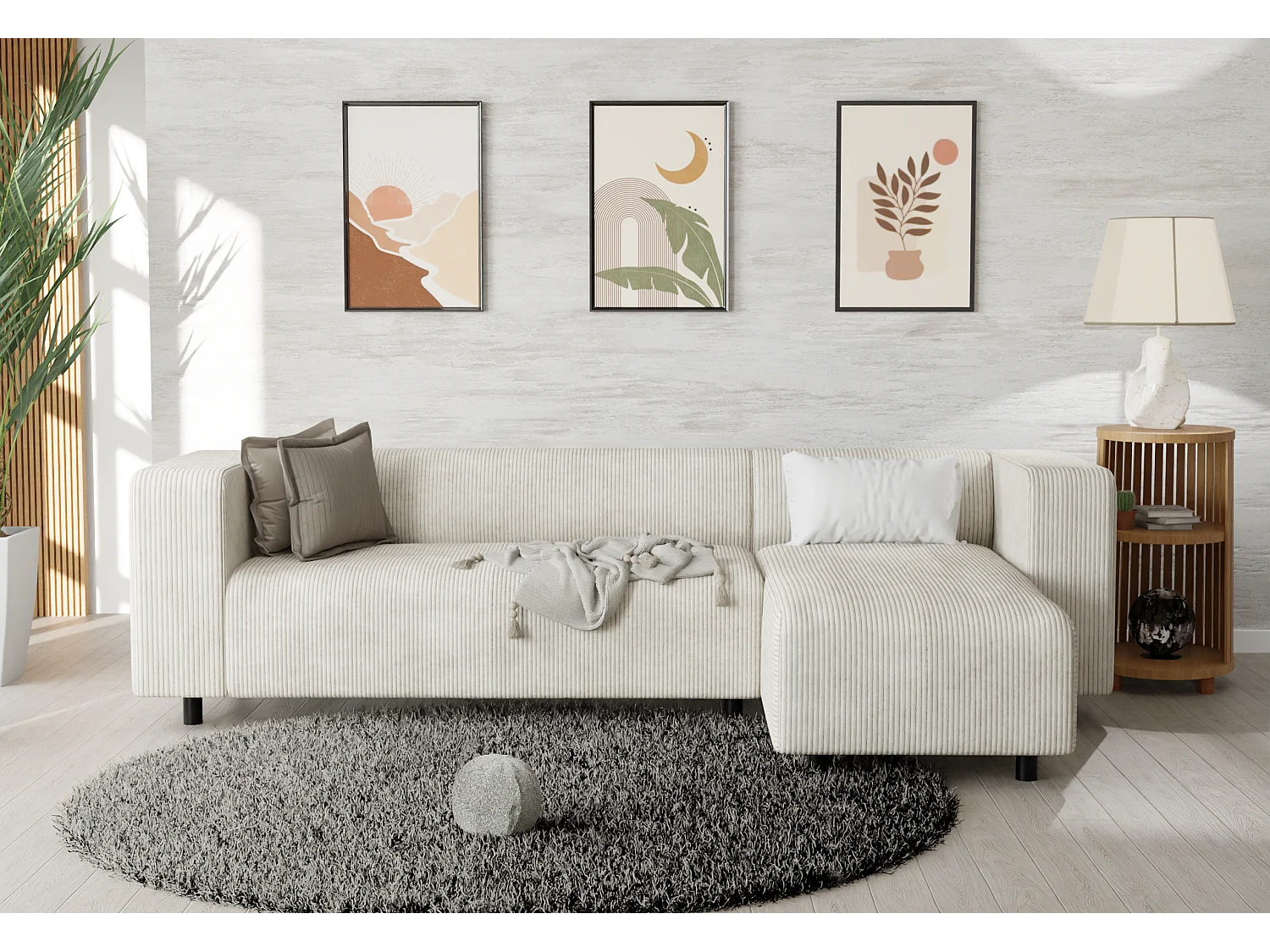 Canapé d’angle moderne avec ottomane en velours côtelé beige avec assise confortable THORA