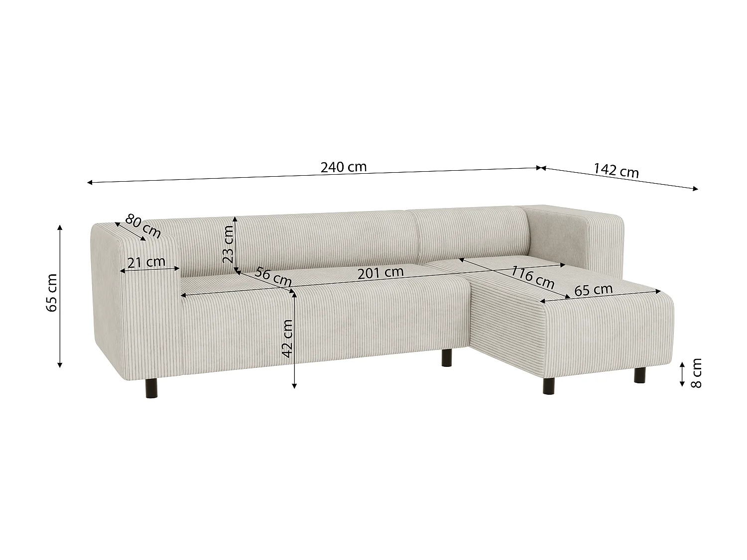 Canapé d’angle moderne avec ottomane en velours côtelé beige avec assise confortable THORA