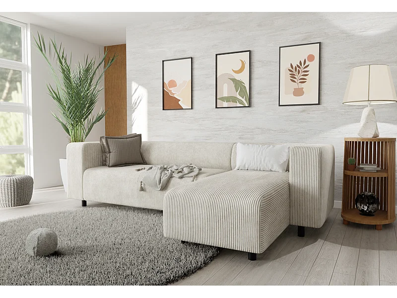 Canapé d’angle moderne avec ottomane en velours côtelé beige avec assise confortable THORA