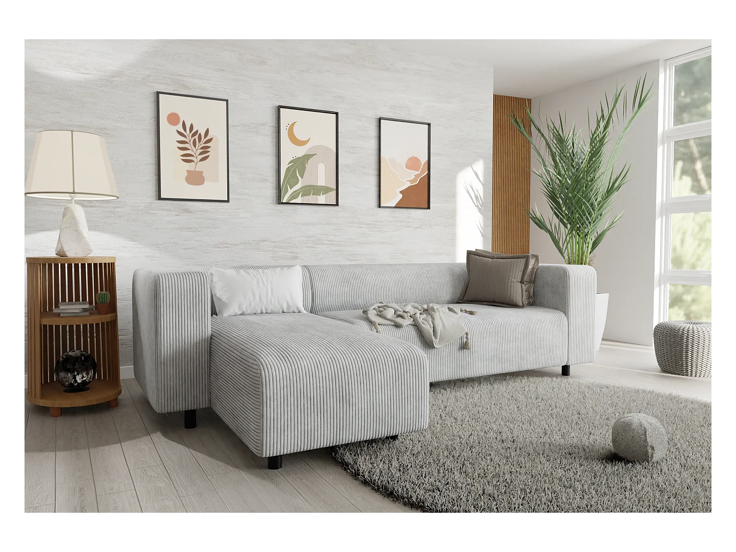 Canapé d’angle moderne avec ottomane en velours côtelé gris clair avec assise confortable THORA