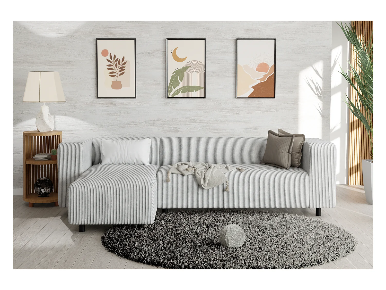 Canapé d’angle moderne avec ottomane en velours côtelé gris clair avec assise confortable THORA