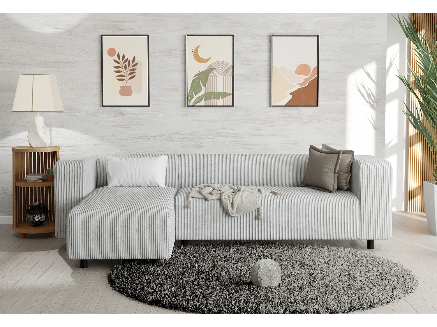 Canapé d’angle moderne avec ottomane en velours côtelé gris clair avec assise confortable THORA