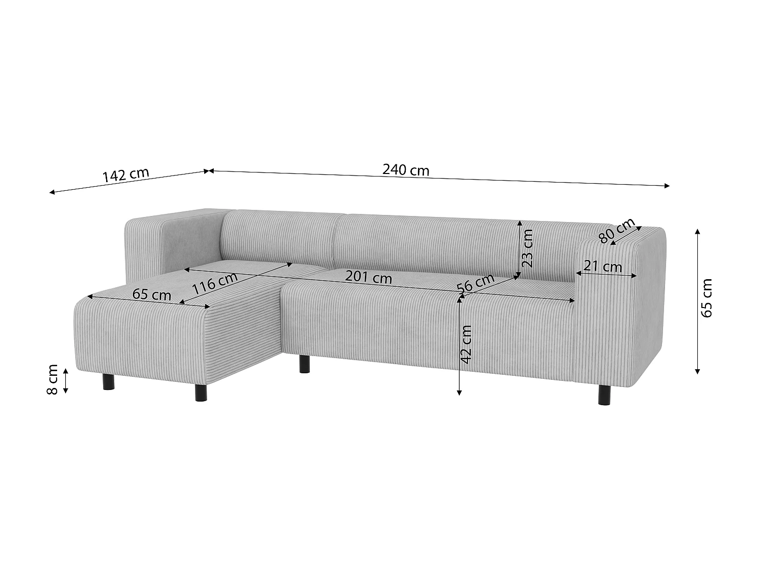 Canapé d’angle moderne avec ottomane en velours côtelé gris clair avec assise confortable THORA