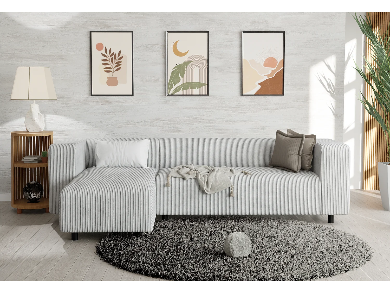 Canapé d’angle moderne avec ottomane en velours côtelé gris clair avec assise confortable THORA