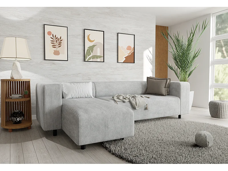 Canapé d’angle moderne avec ottomane en velours côtelé gris clair avec assise confortable THORA