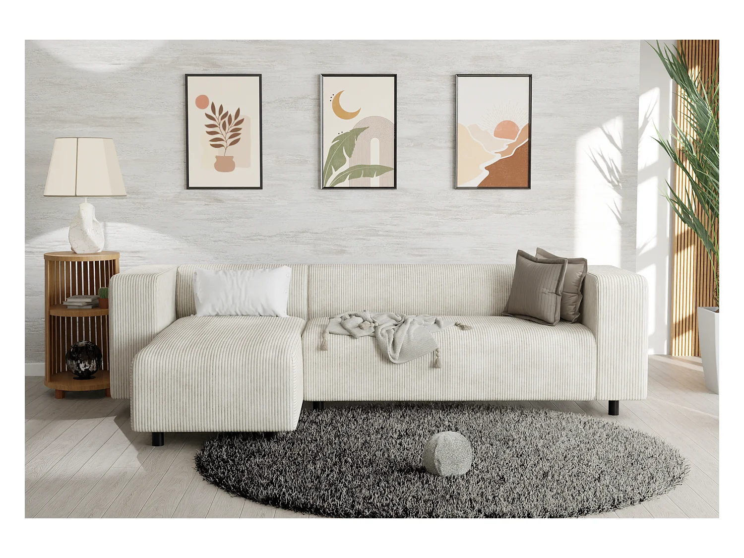 Canapé d’angle moderne avec ottomane en velours côtelé beige avec assise confortable THORA