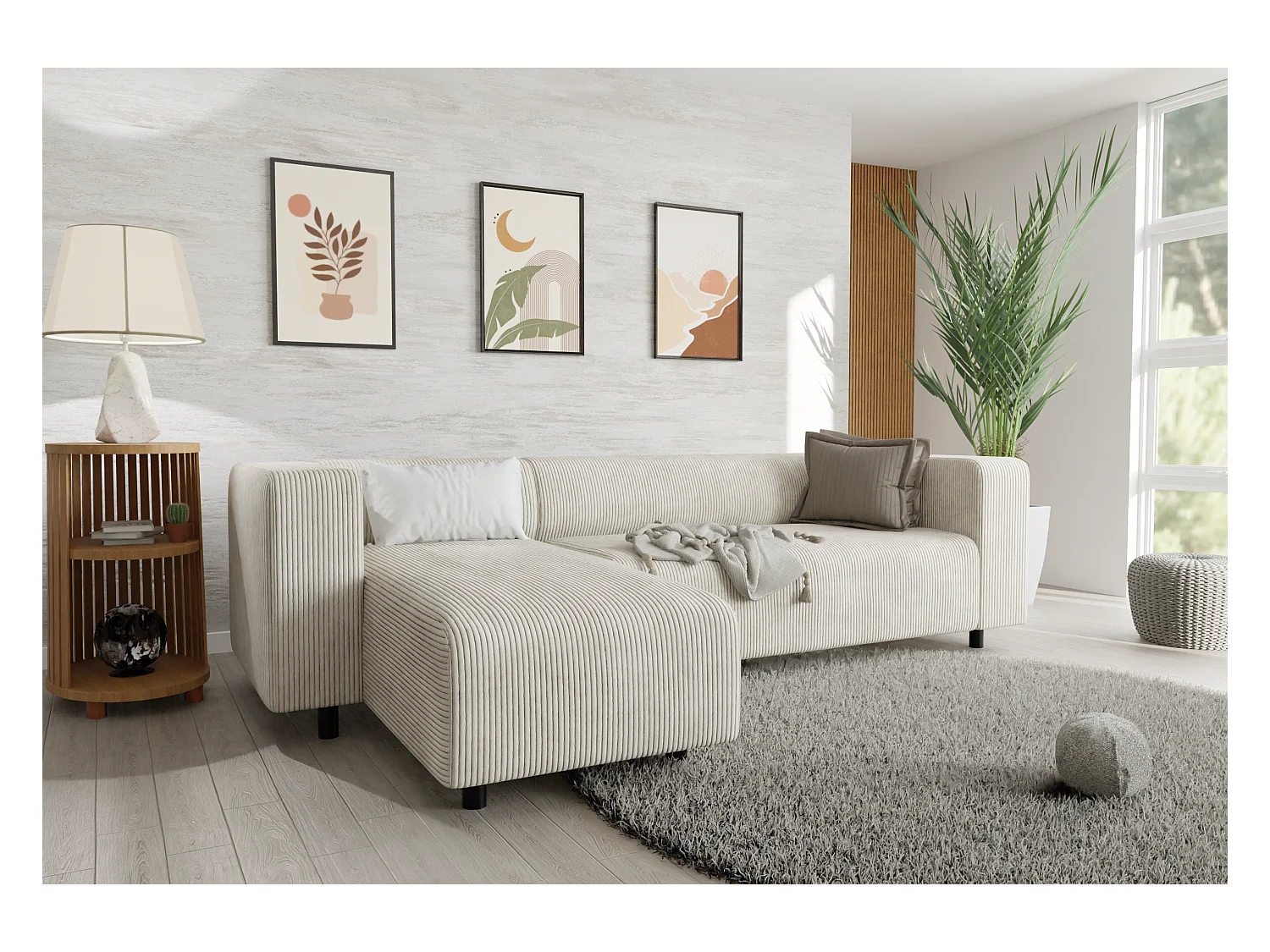 Canapé d’angle moderne avec ottomane en velours côtelé beige avec assise confortable THORA