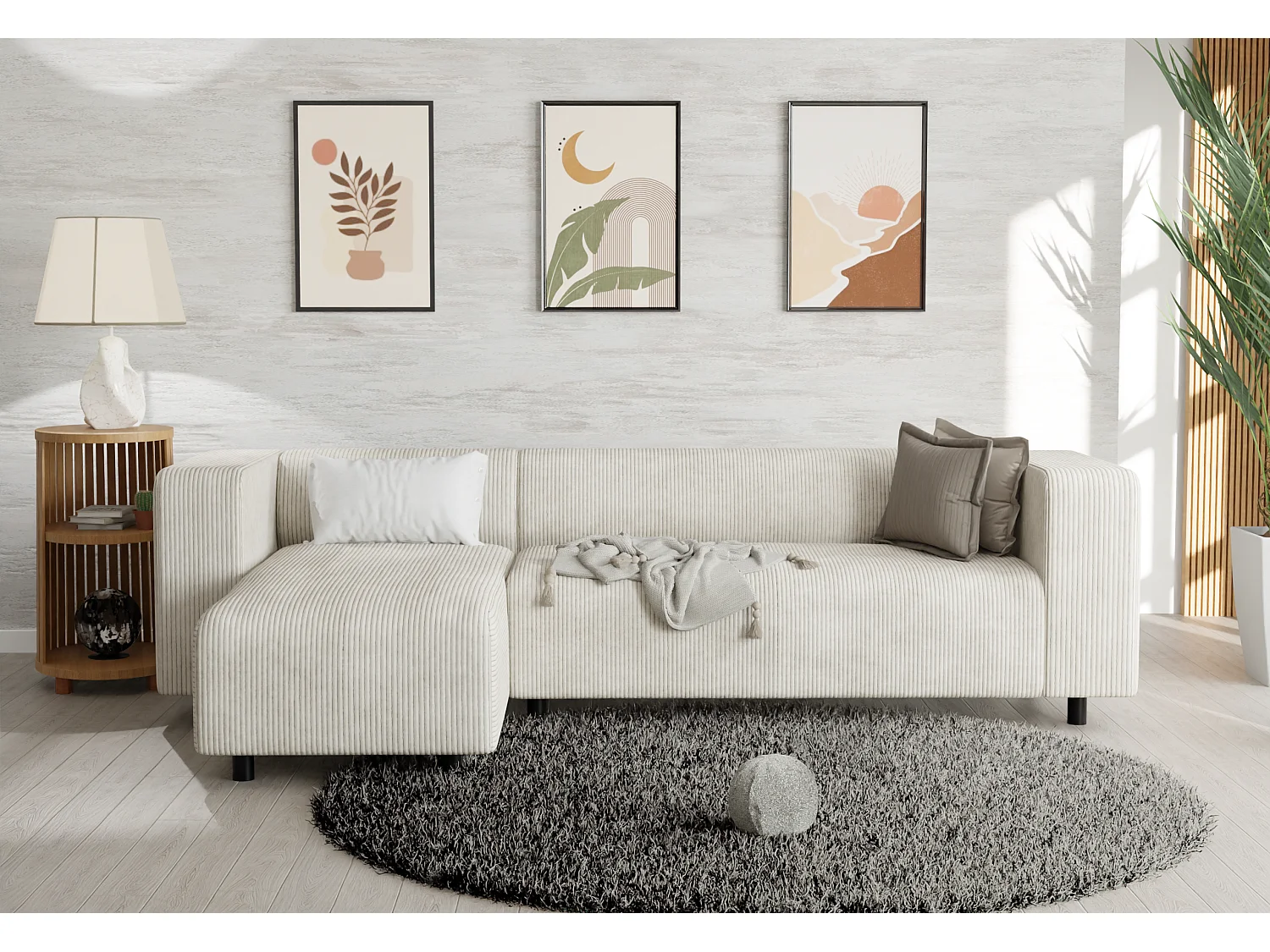 Canapé d’angle moderne avec ottomane en velours côtelé beige avec assise confortable THORA