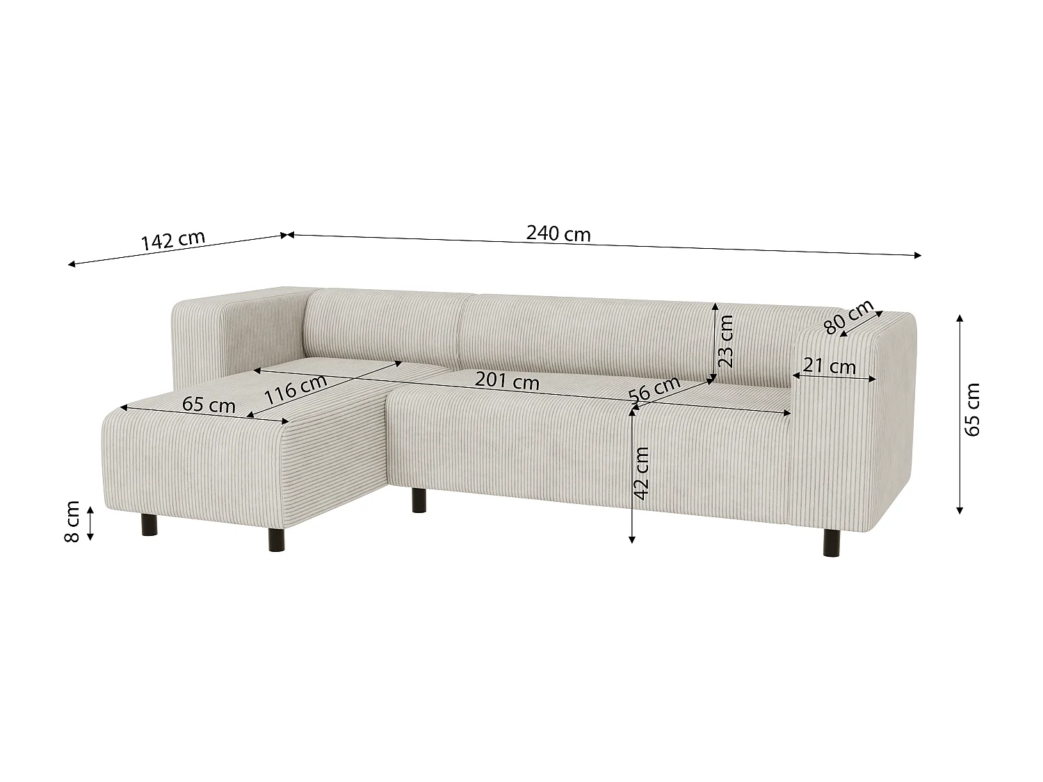 Canapé d’angle moderne avec ottomane en velours côtelé beige avec assise confortable THORA