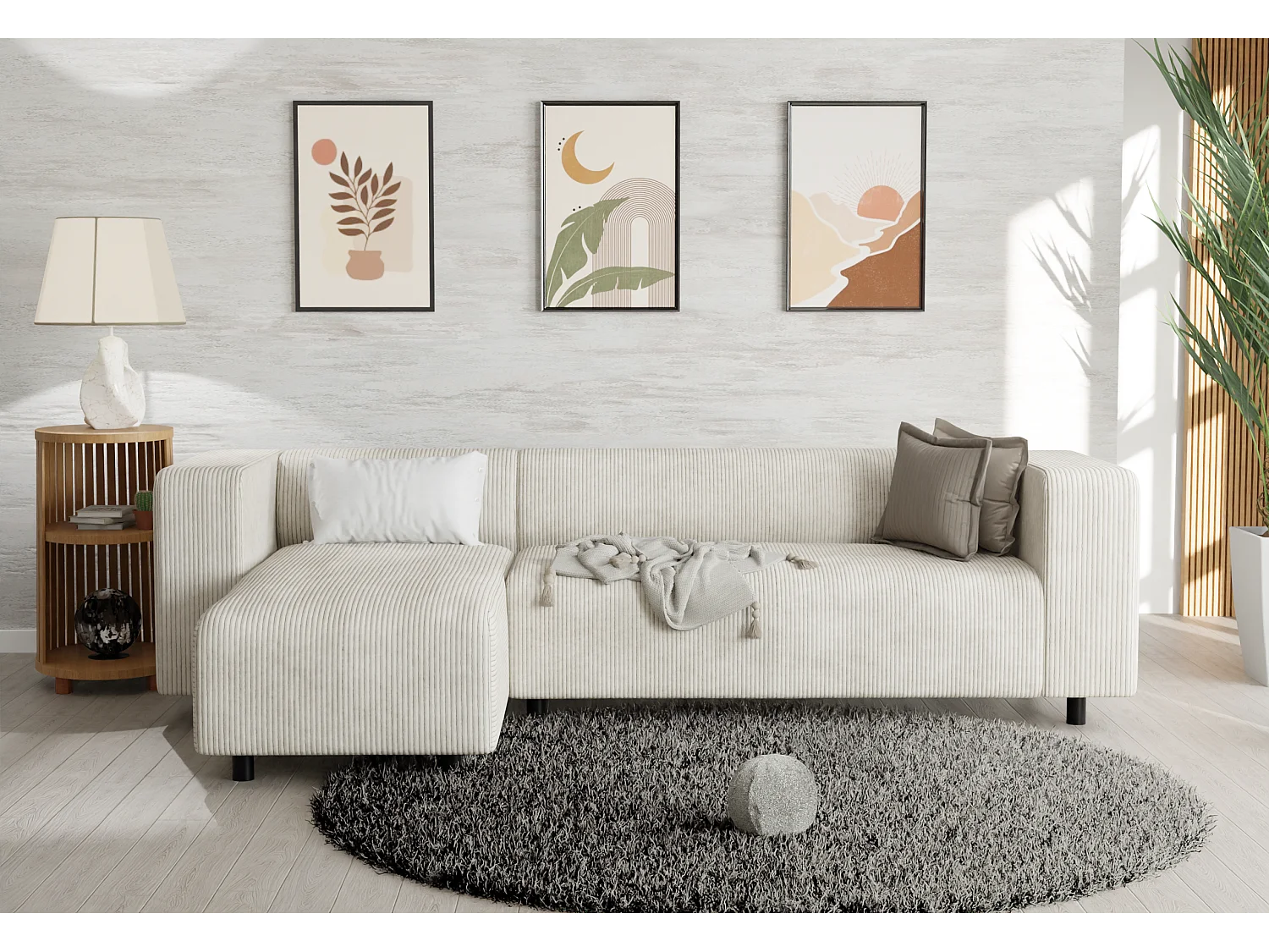 Canapé d’angle moderne avec ottomane en velours côtelé beige avec assise confortable THORA