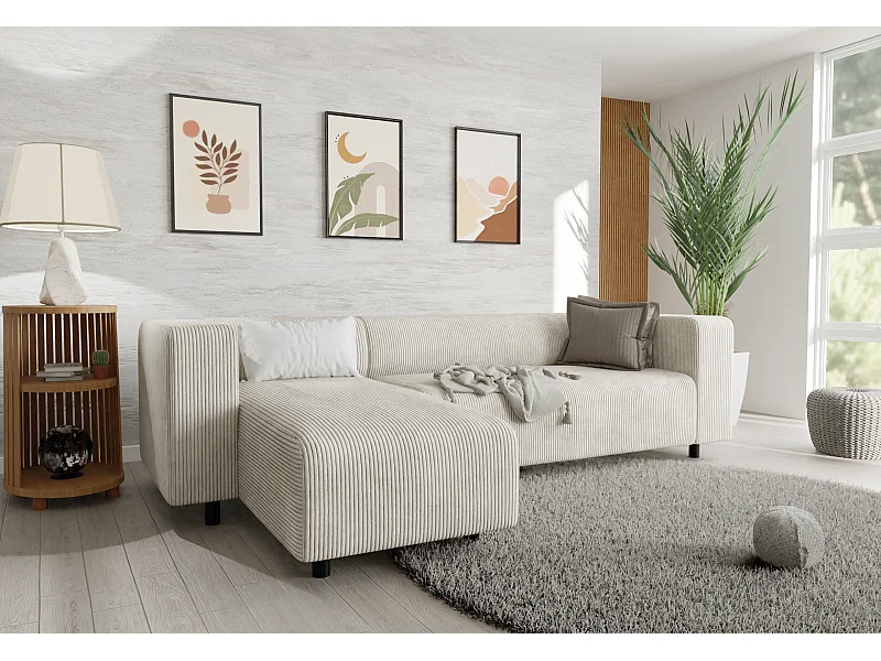 Canapé d’angle moderne avec ottomane en velours côtelé beige avec assise confortable THORA