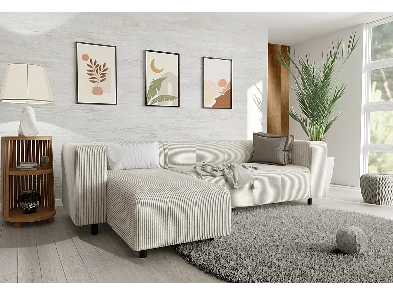 Canapé d’angle moderne avec ottomane en velours côtelé beige avec assise confortable THORA