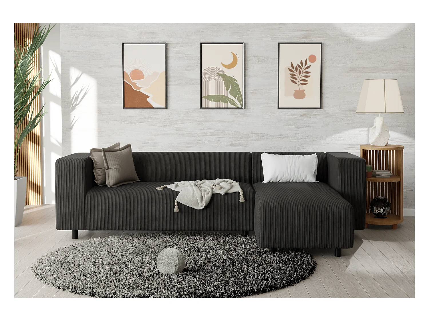Canapé d’angle moderne avec ottomane en velours côtelé noir avec assise confortable THORA