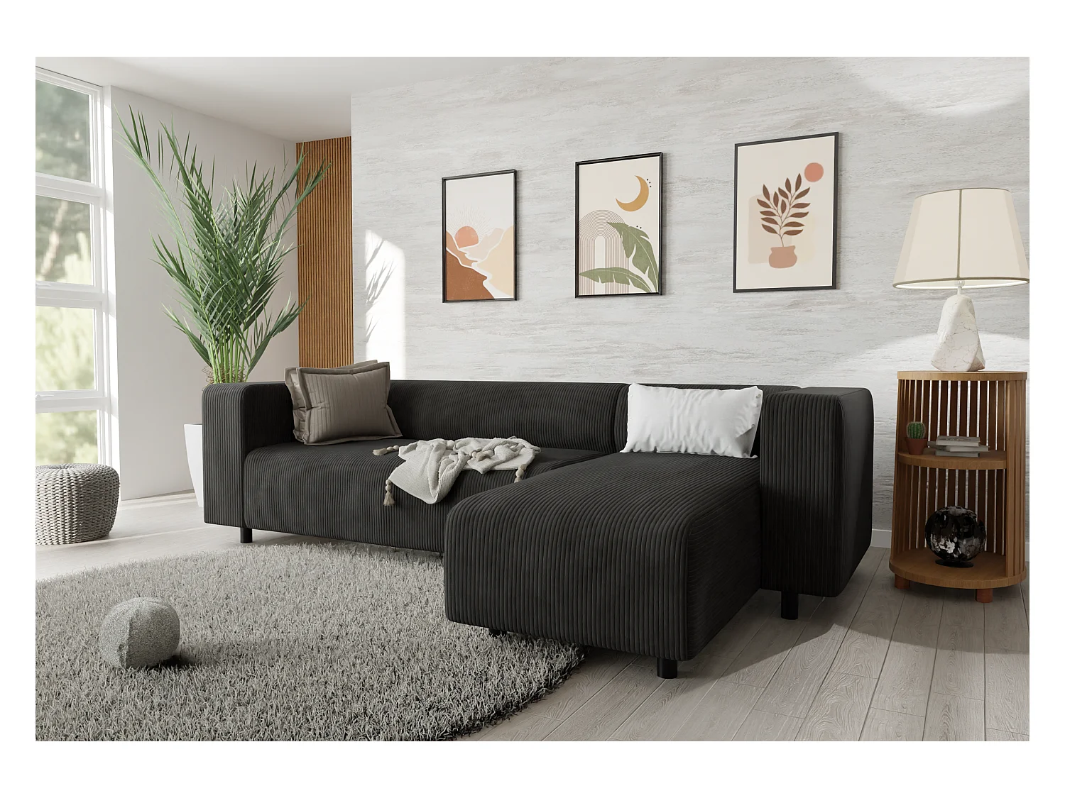 Canapé d’angle moderne avec ottomane en velours côtelé noir avec assise confortable THORA