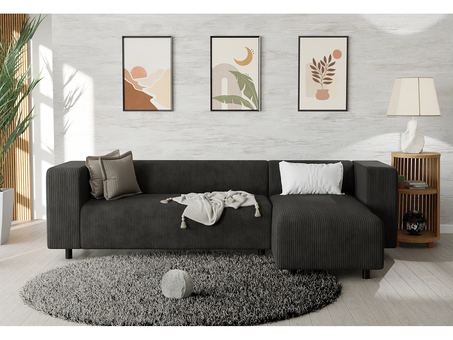 Canapé d’angle moderne avec ottomane en velours côtelé noir avec assise confortable THORA