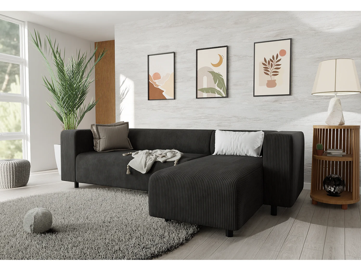 Canapé d’angle moderne avec ottomane en velours côtelé noir avec assise confortable THORA