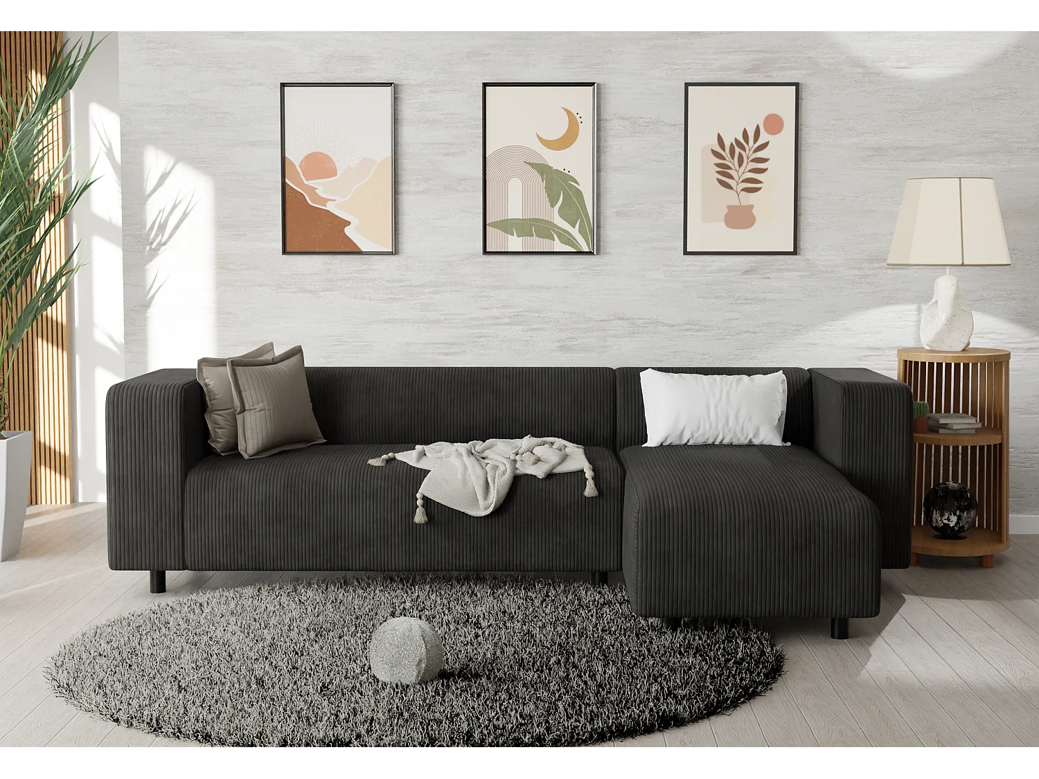 Canapé d’angle moderne avec ottomane en velours côtelé noir avec assise confortable THORA