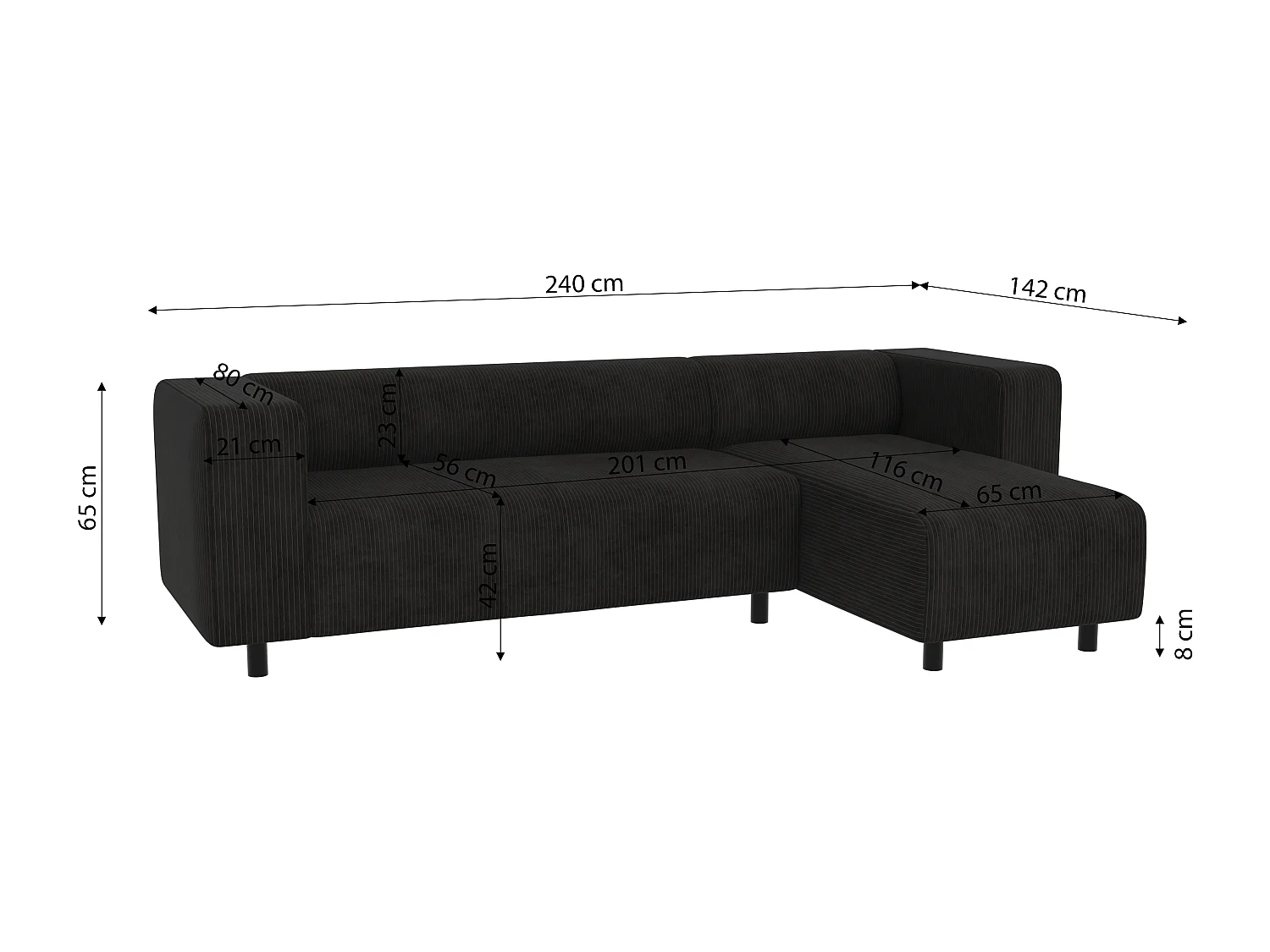 Canapé d’angle moderne avec ottomane en velours côtelé noir avec assise confortable THORA