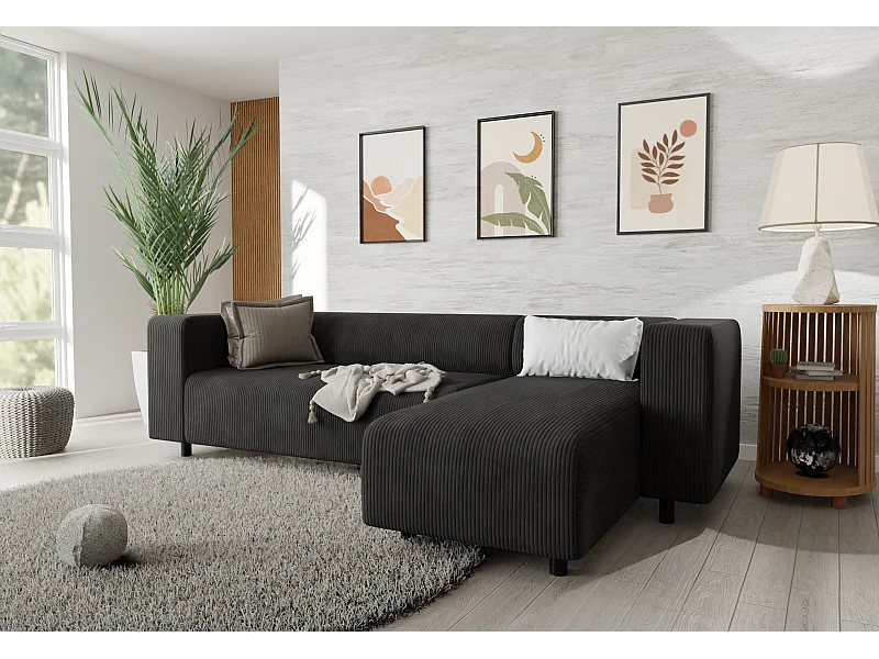 Canapé d’angle moderne avec ottomane en velours côtelé noir avec assise confortable THORA