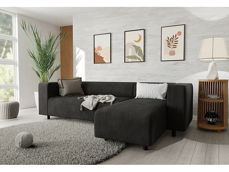 Canapé d’angle moderne avec ottomane en velours côtelé noir avec assise confortable THORA