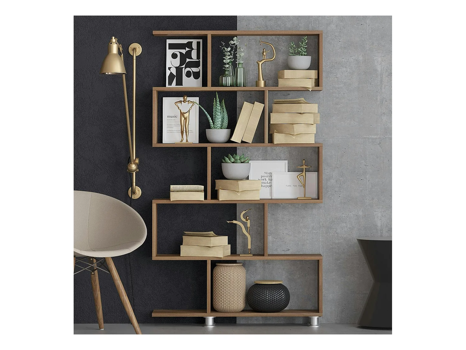 Etagère déstructurée effet bois de noyer - pieds métal JENA