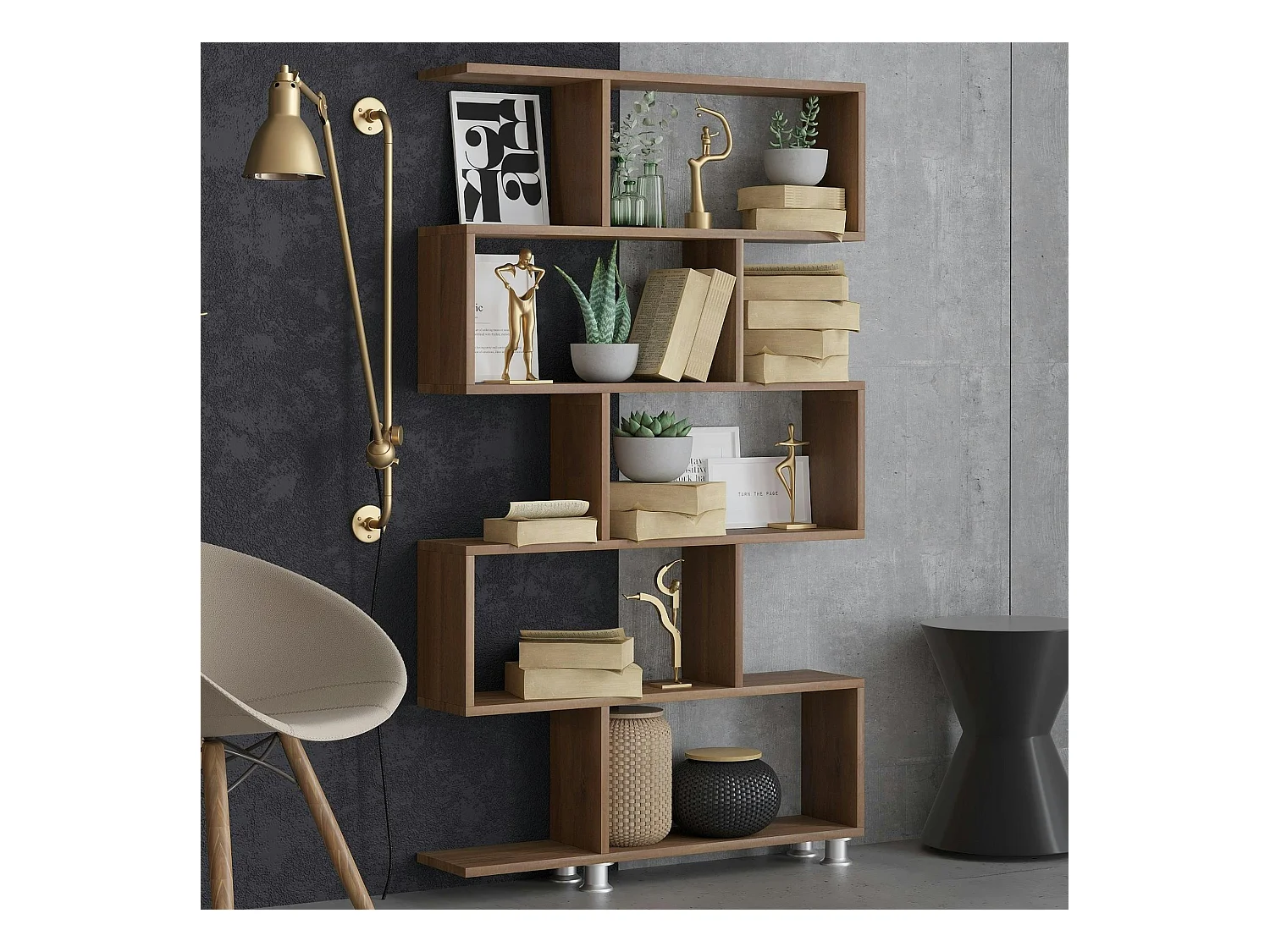 Etagère déstructurée effet bois de noyer - pieds métal JENA