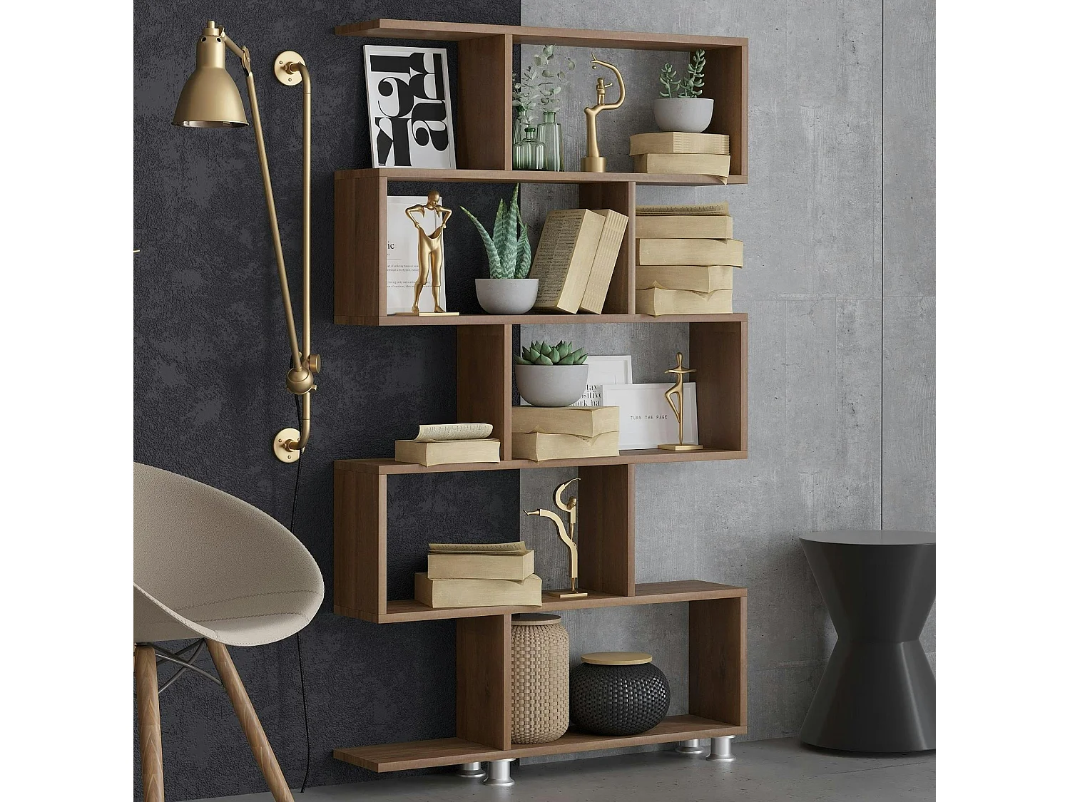 Etagère déstructurée effet bois de noyer - pieds métal JENA