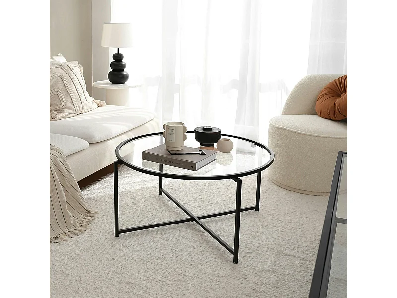 Table basse ronde design - verre & métal noir TULUM