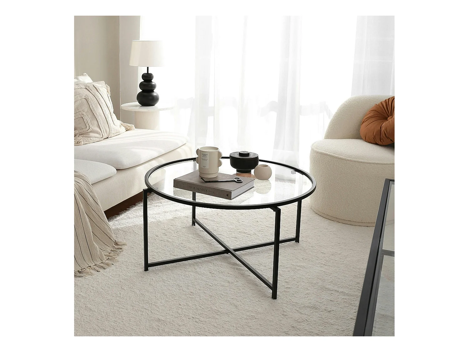 Table basse ronde design - verre & métal noir TULUM