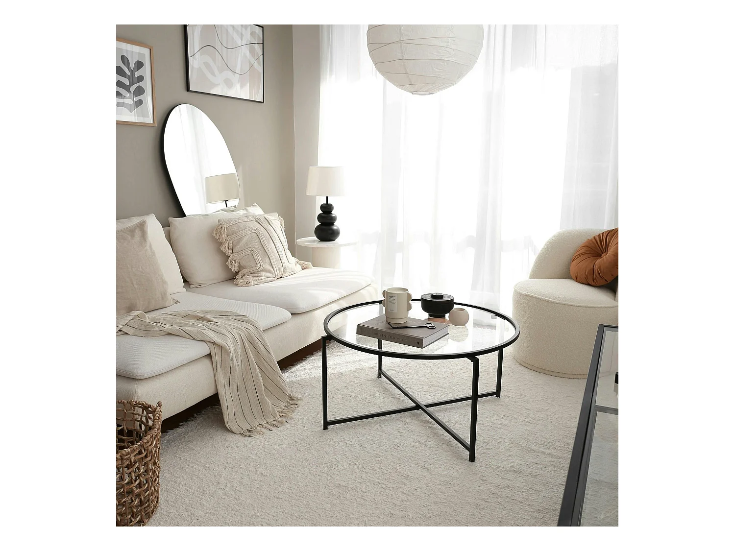 Table basse ronde design - verre & métal noir TULUM