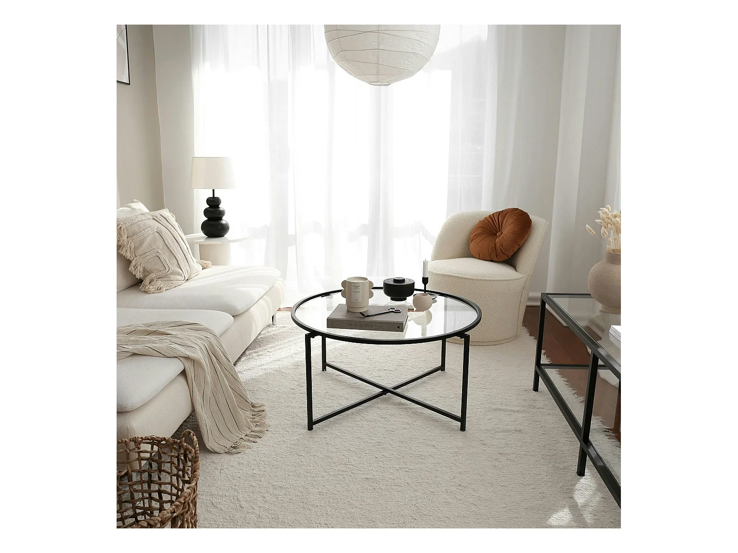 Table basse ronde design - verre & métal noir TULUM