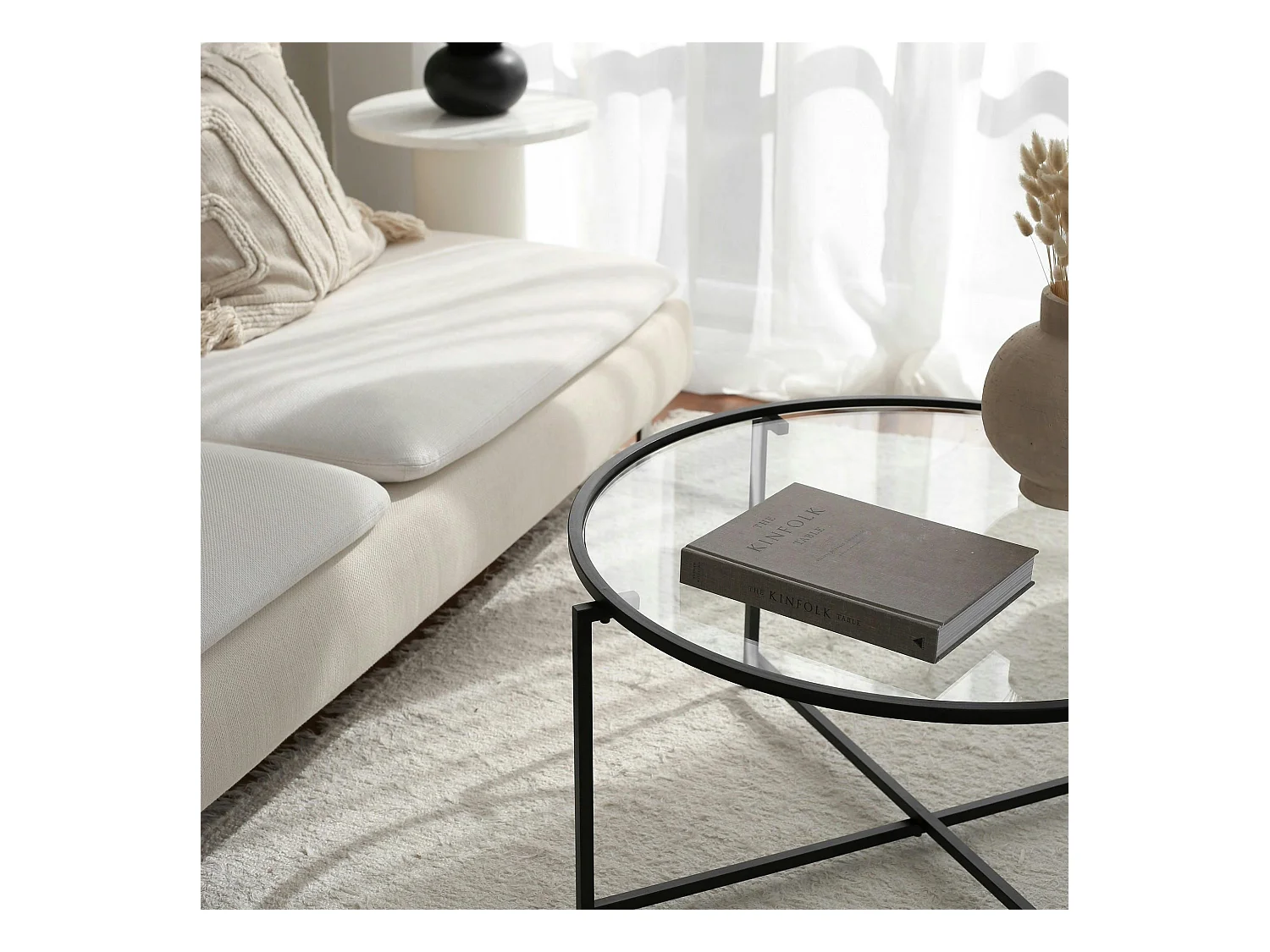 Table basse ronde design - verre & métal noir TULUM