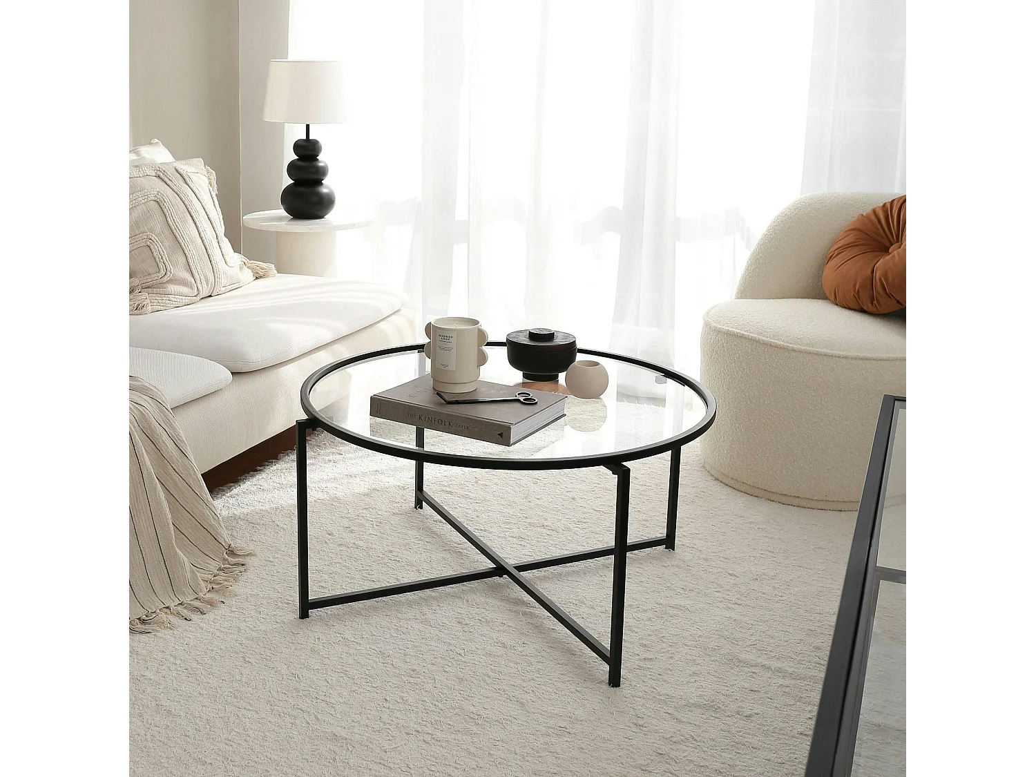 Table basse ronde design - verre & métal noir TULUM