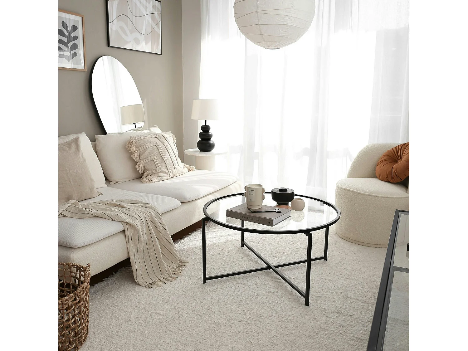 Table basse ronde design - verre & métal noir TULUM