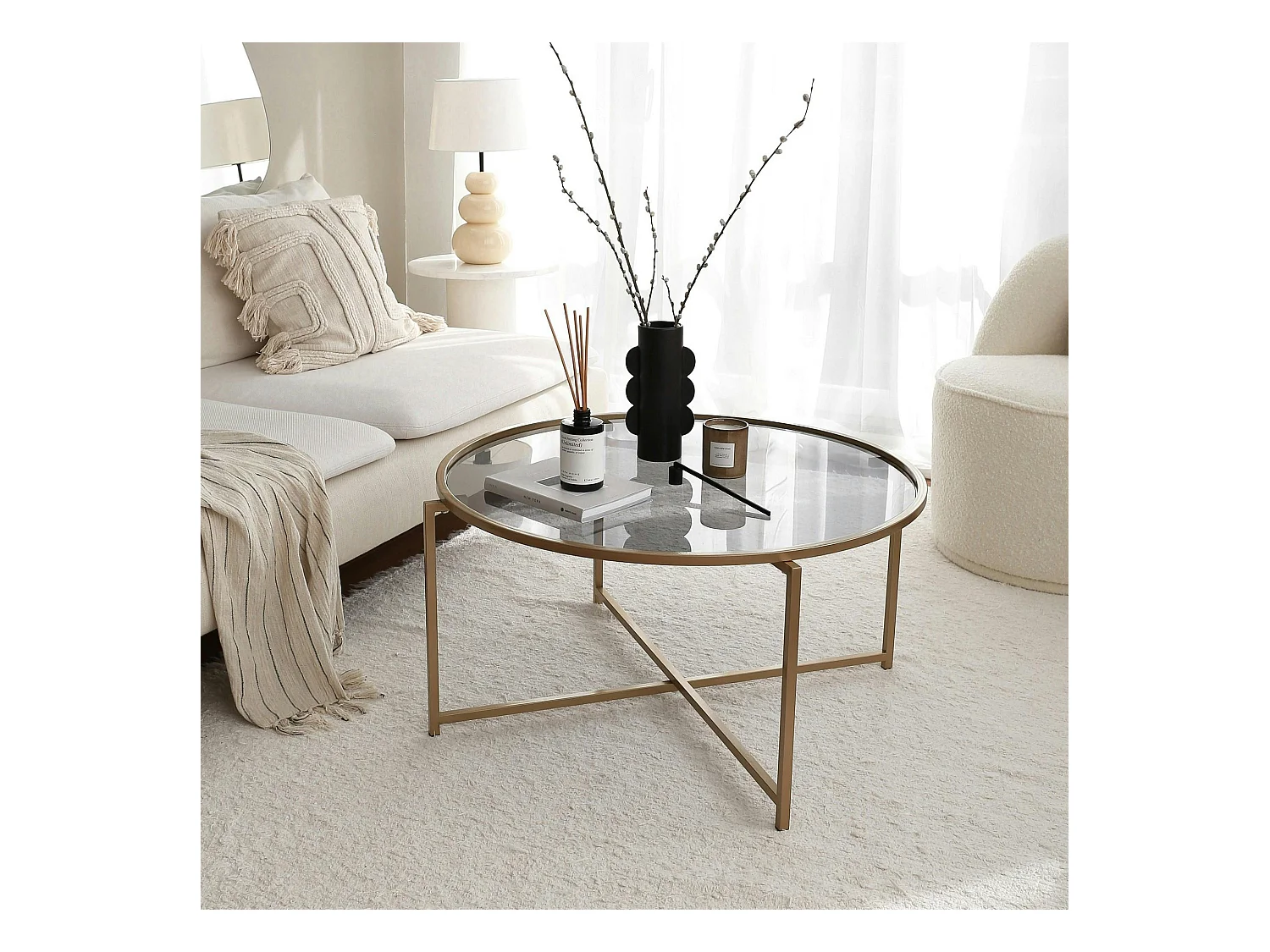 Table basse ronde design - verre fumé & métal doré TULUM