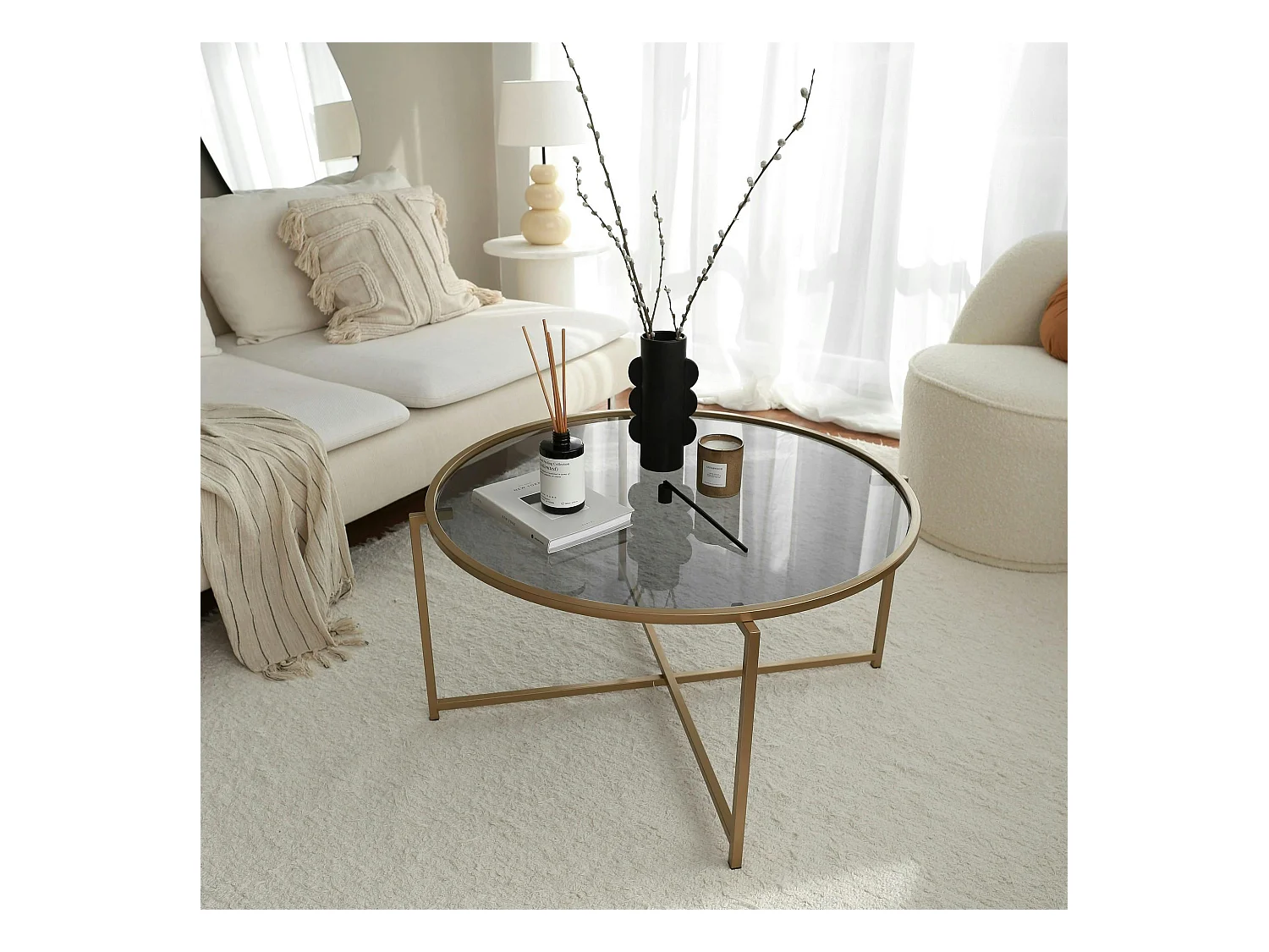 Table basse ronde design - verre fumé & métal doré TULUM