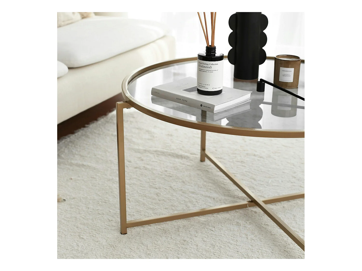 Table basse ronde design - verre fumé & métal doré TULUM