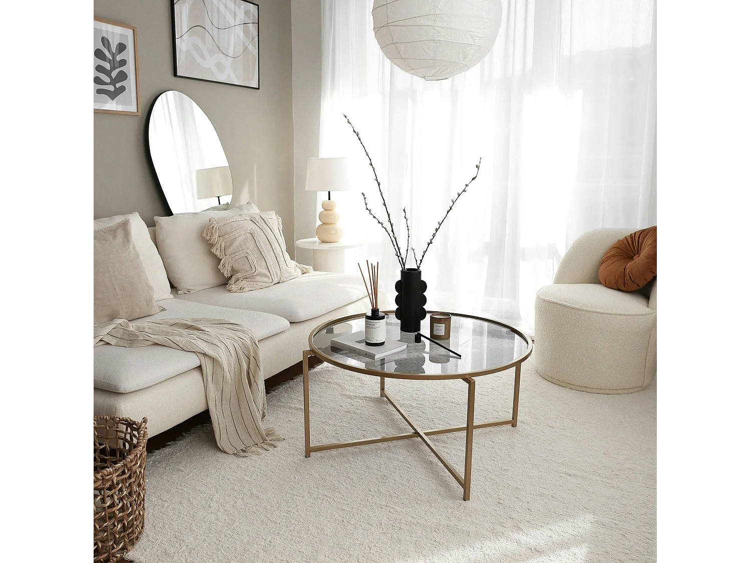 Table basse ronde design - verre fumé &amp; métal doré TULUM