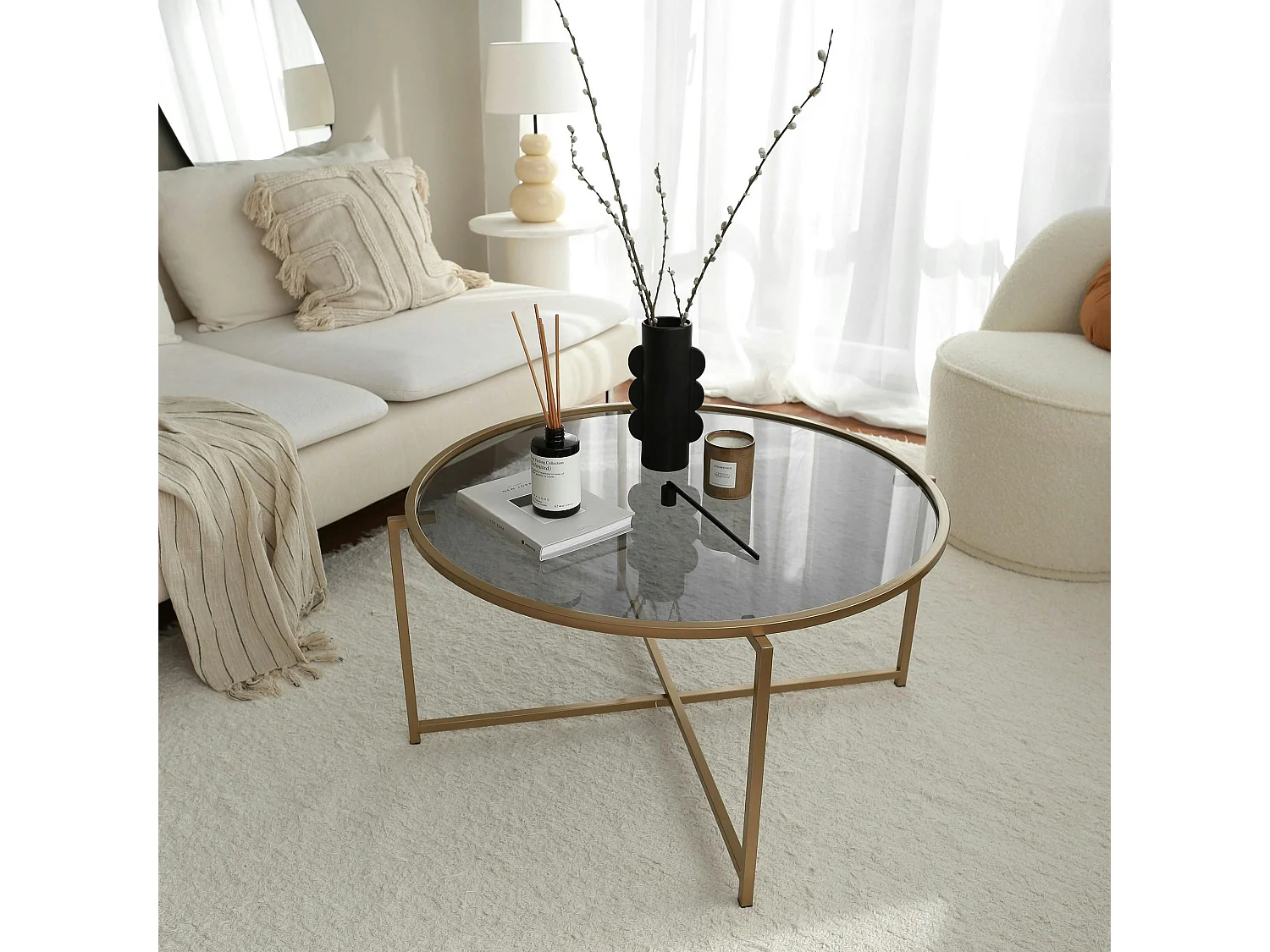 Table basse ronde design - verre fumé &amp; métal doré TULUM