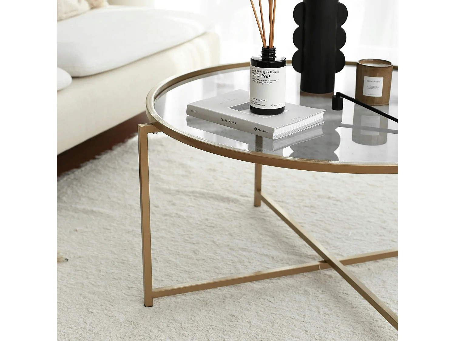 Table basse ronde design - verre fumé &amp; métal doré TULUM