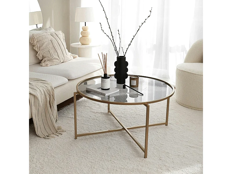 Table basse ronde design - verre fumé & métal doré TULUM