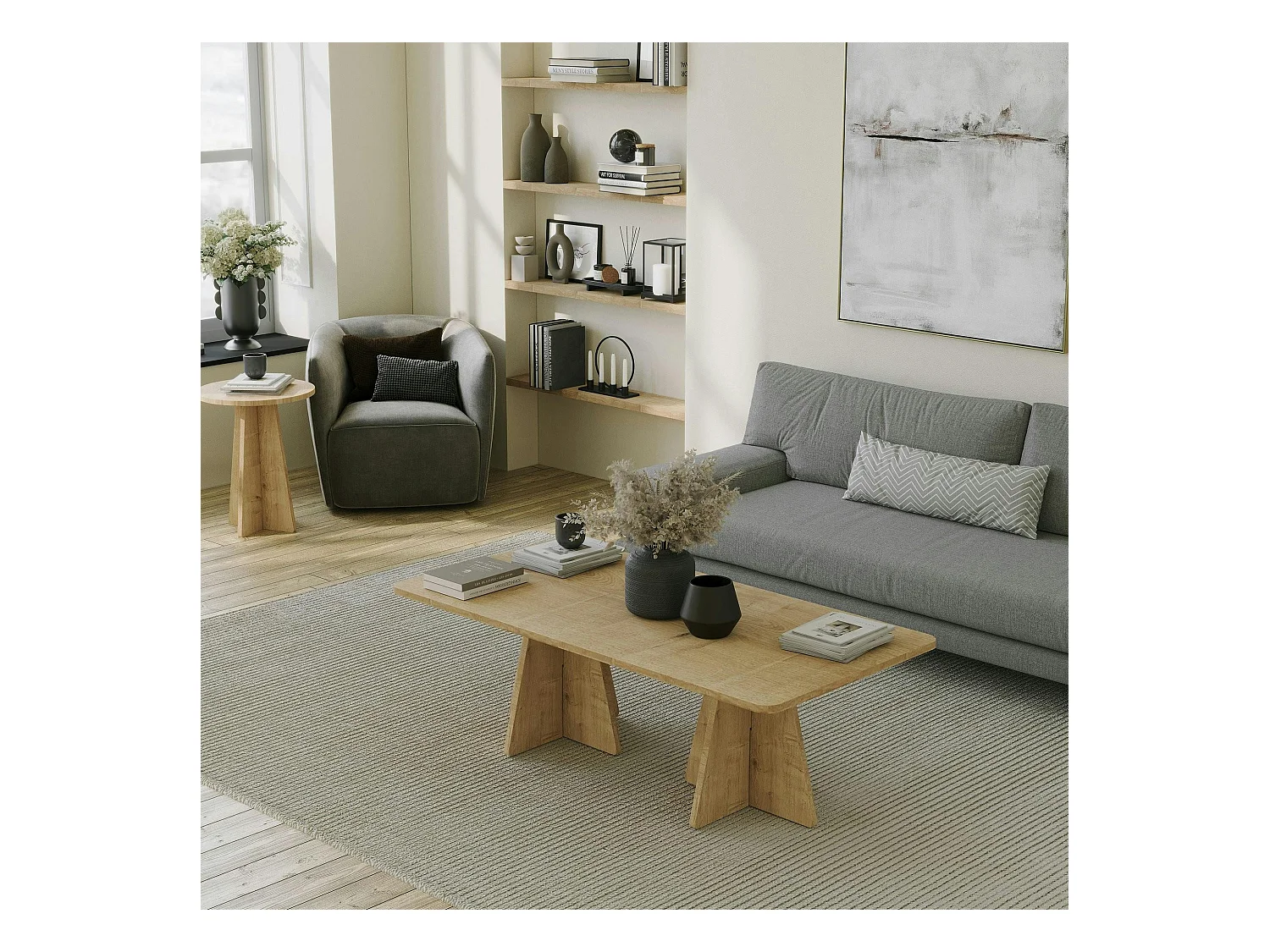 Table basse design effet chêne avec pieds trapèze MARFA