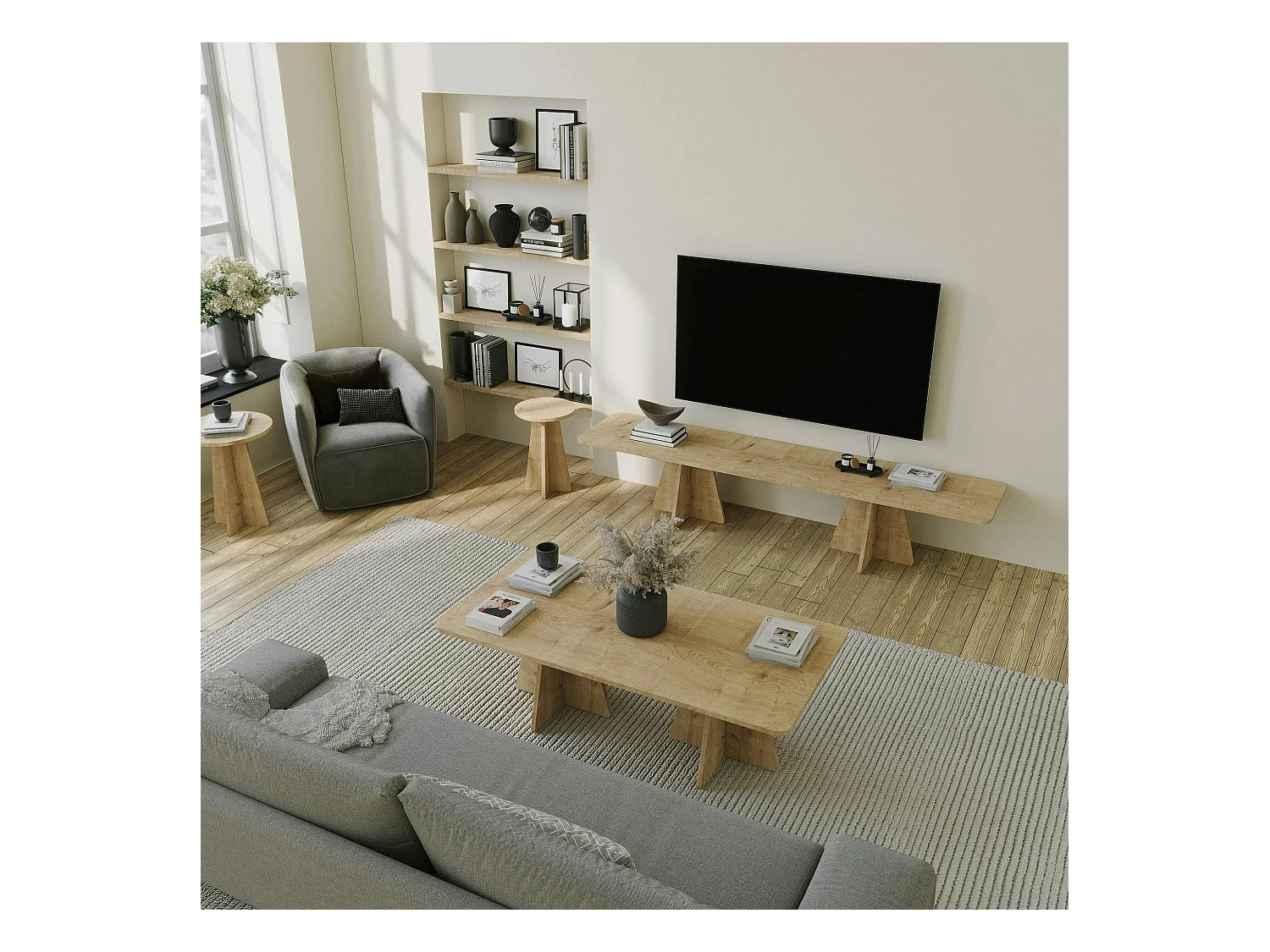 Table basse design effet chêne avec pieds trapèze MARFA