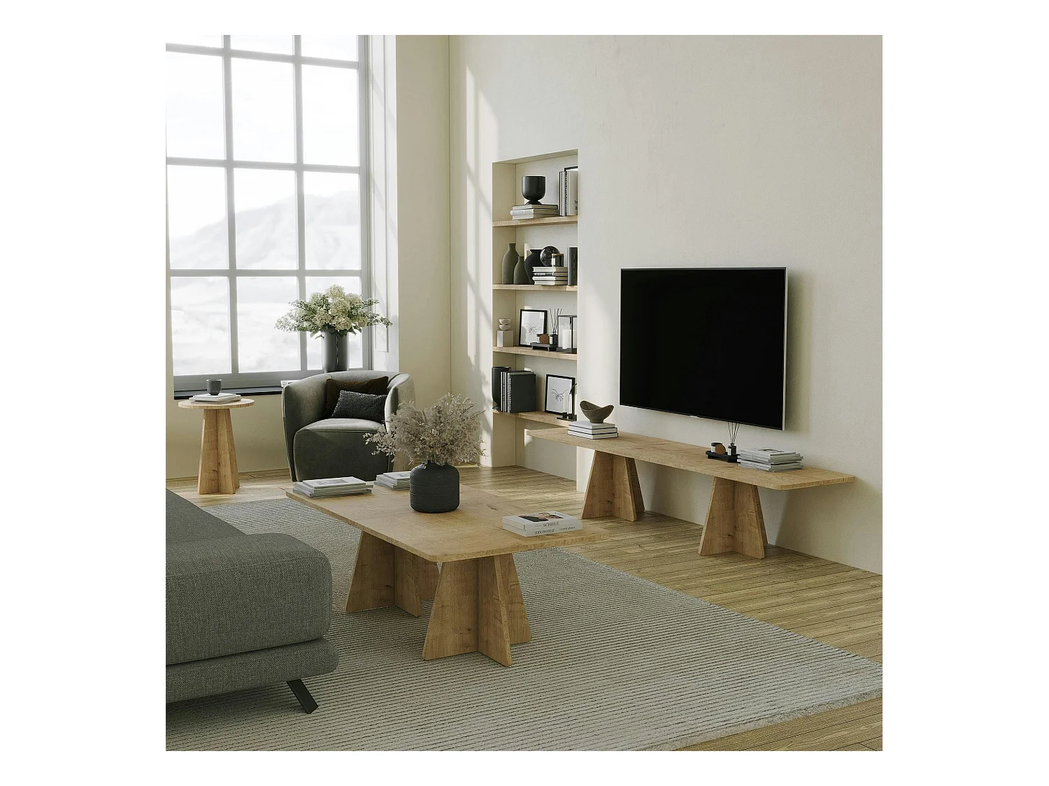 Table basse design effet chêne avec pieds trapèze MARFA