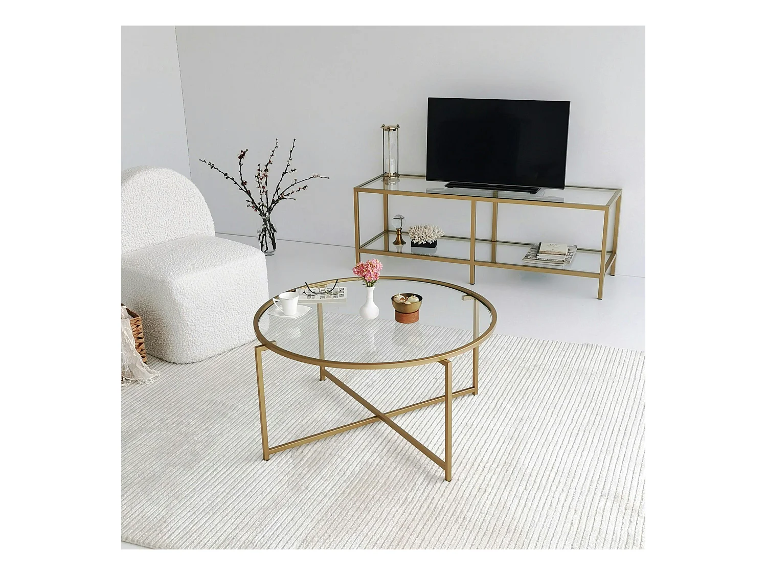 Table basse ronde design - verre & métal doré TULUM