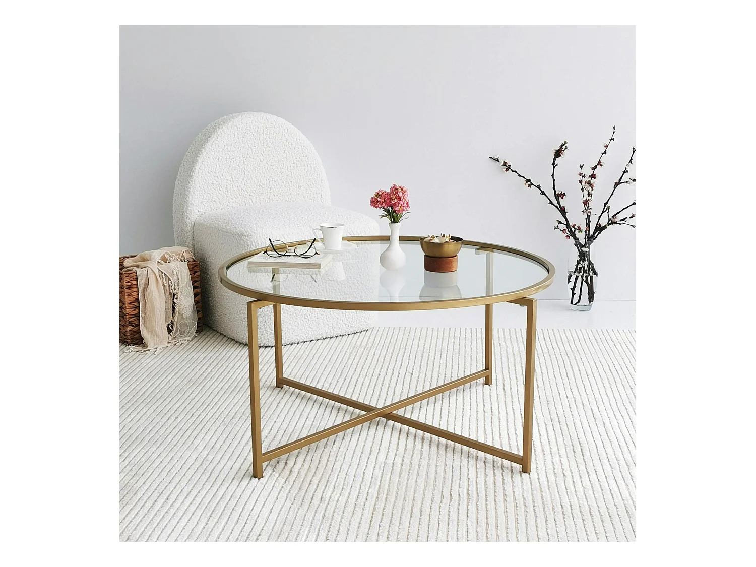 Table basse ronde design - verre & métal doré TULUM