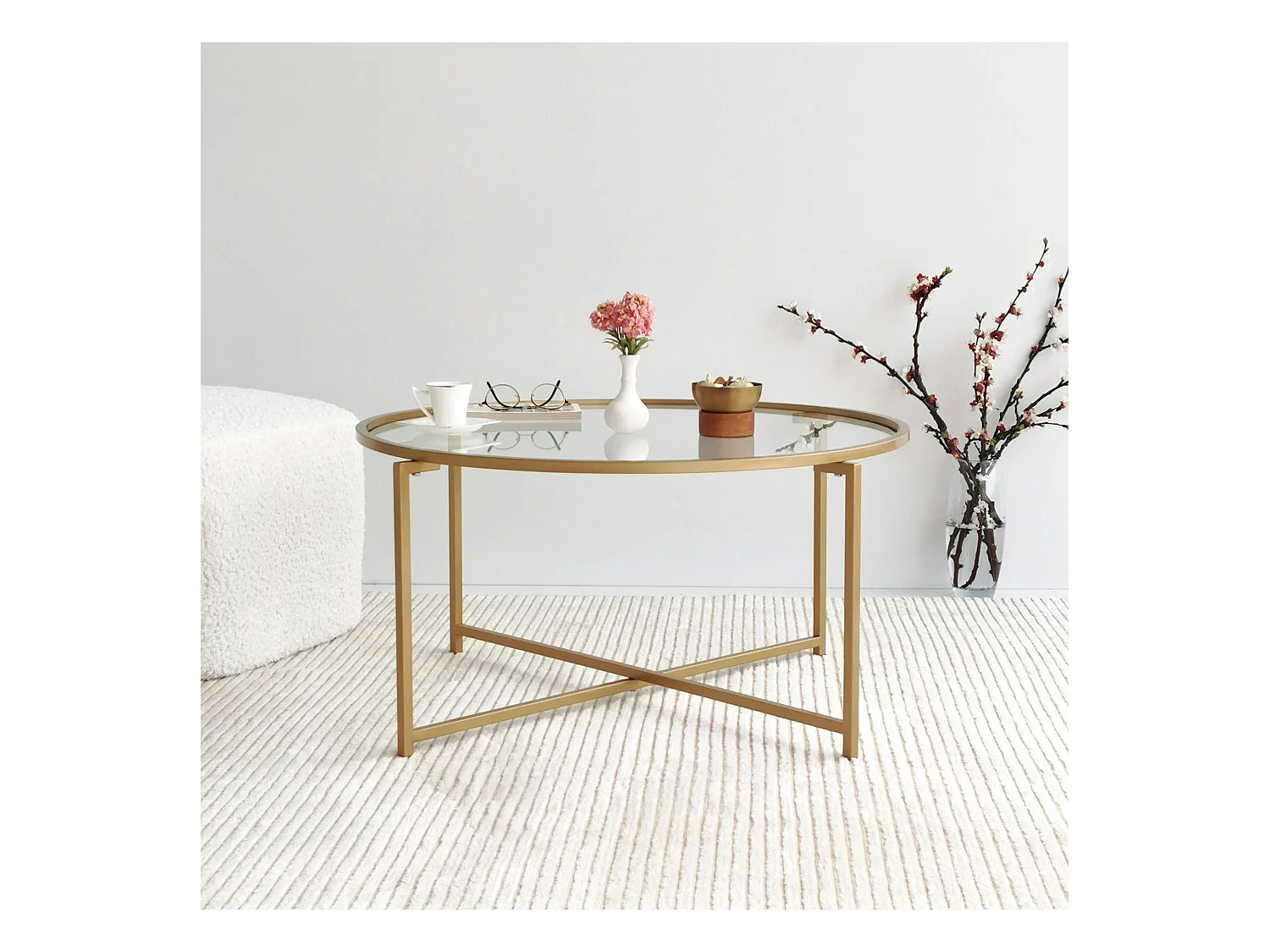 Table basse ronde design - verre & métal doré TULUM