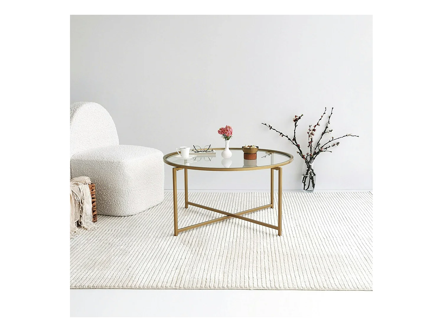 Table basse ronde design - verre & métal doré TULUM