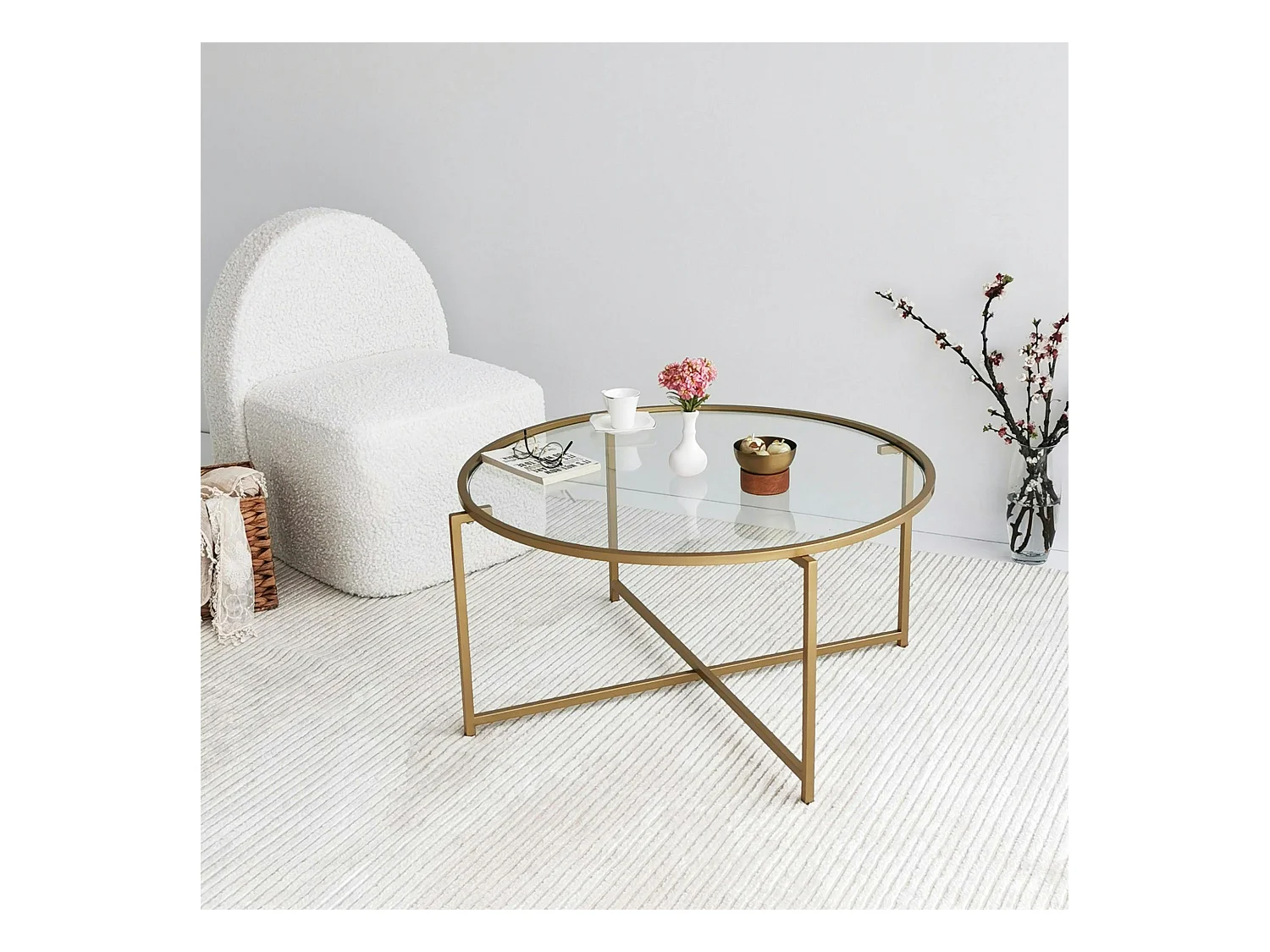 Table basse ronde design - verre & métal doré TULUM