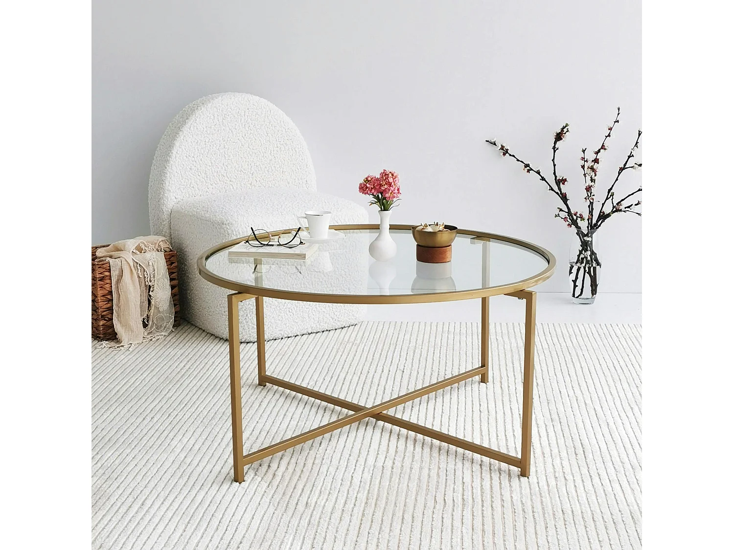 Table basse ronde design - verre & métal doré TULUM